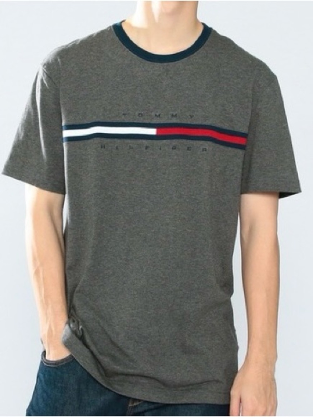 Tommy Hilfiger Gray Short Sleeve Tee with Navy White and Red Chest Stripe